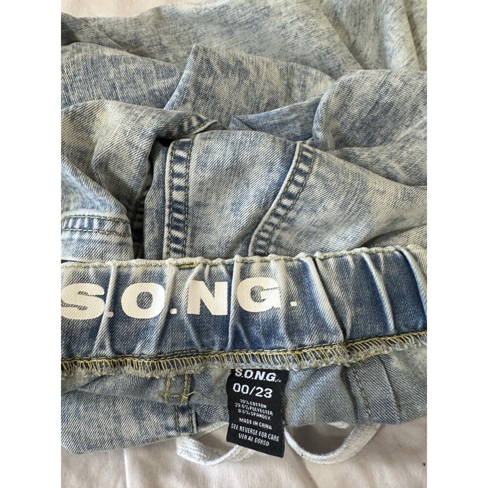 S.O.N.G. Acid Wash grunge Drawstring Women's Denim Jeans Light Blue Elastic Wst - Picture 3 of 8